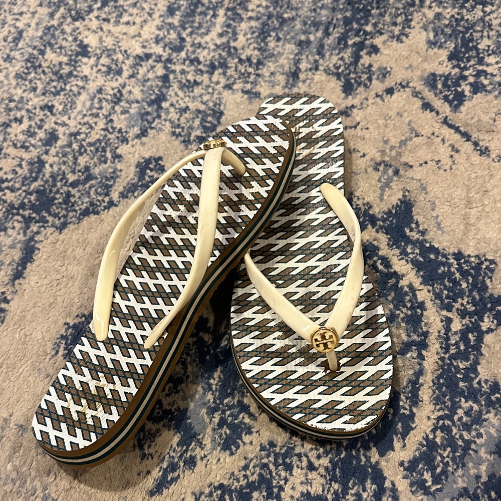 Tory Burch Cream and Black Flip-Flops